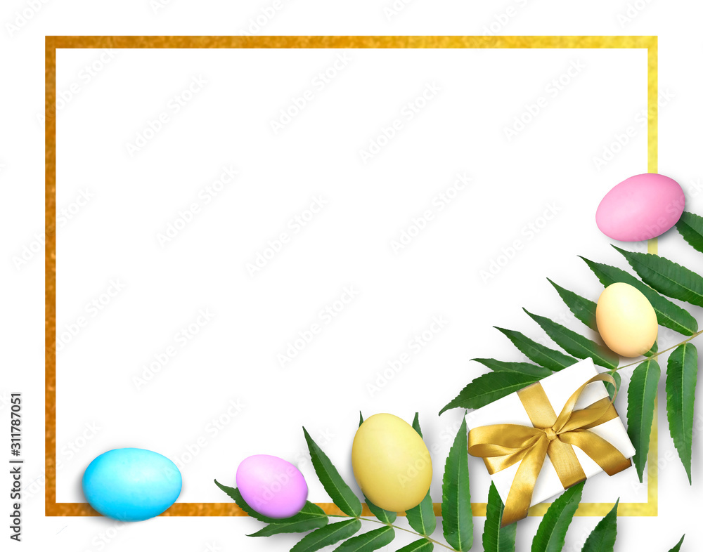 Easter golden frame with colorful eggs, palm leaves and gift box composition on white background. Mock up greeting holiday flatlay.