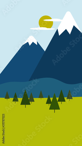Vector illustration in a flat style. Landscape with mountains, trees with space for text. Background for postcards, posters and advertising. Social media story templates.