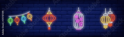 Leinwand Poster Eastern festive lanterns neon sign set