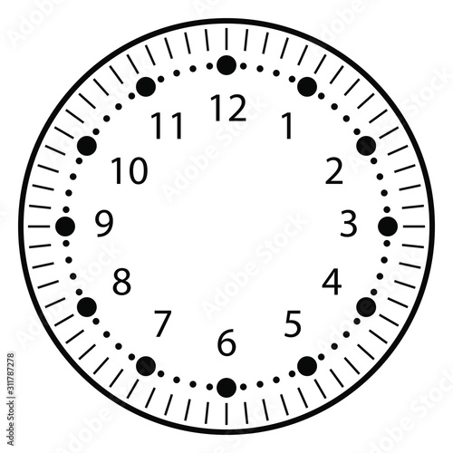 Clock face for house, alarm, table, kitchen, wall, wristwatches or special models for kids. Dial for pocket, stop watches or timer. For mark opening, visiting, office, business or working hours.