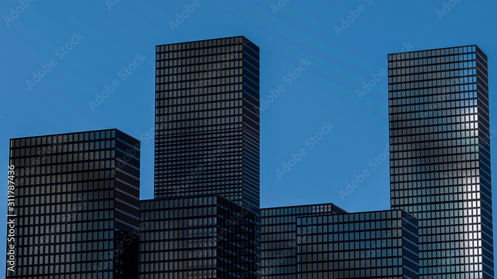 Panoramic and perspectiveview to steel light blue background of glass high rise building skyscraper city of future. Business concept of industry tech architecture. 3d rendering. 3d illustration