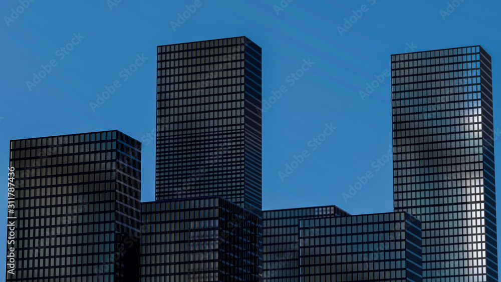 Obraz premium Panoramic and perspectiveview to steel light blue background of glass high rise building skyscraper city of future. Business concept of industry tech architecture. 3d rendering. 3d illustration