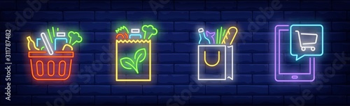 Fresh food market neon sign set