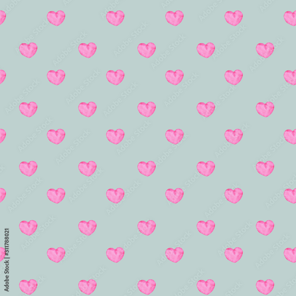 Watercolor seamless pattern with pink hearts