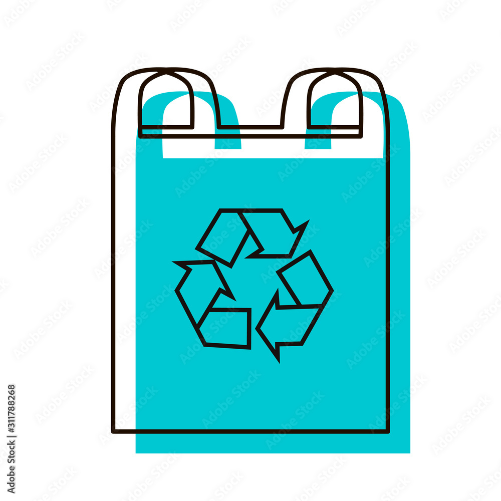 Polyethylene pack with recycling icon. Eco-friendly package for products. Quick decomposition. The problem is pollution by plastic. Design element. Vector illustration. Isolated on white background. Polyethylene pack with recycling icon. Eco-friendly package for products. Quick decomposition. The problem is pollution by plastic. Design element. Vector illustration. Isolated on white background.