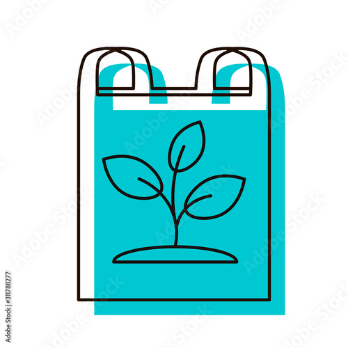 Polyethylene pack with sprout icon. Eco-friendly package for products. Quick decomposition. The problem is pollution by plastic. Design element. Vector illustration. Isolated on white background.
