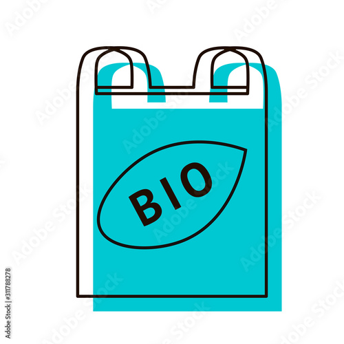 Polyethylene pack with bio pictogram. Eco-friendly package for products. Quick decomposition. The problem is pollution by plastic. Design element. Vector illustration. Isolated on white background.