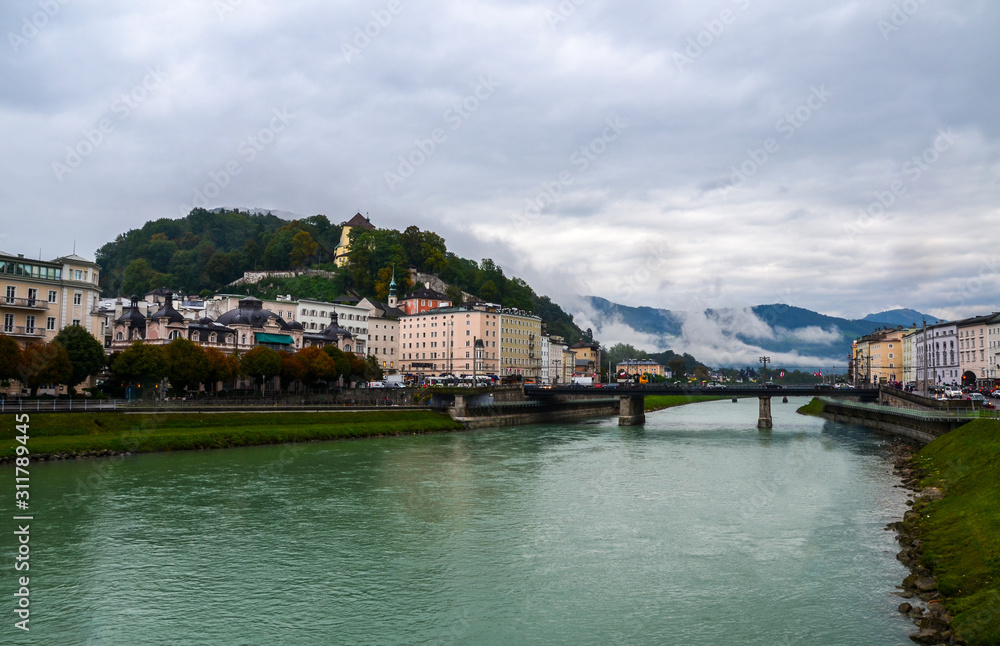 Wiew of the rainy Salzburg and Salzach river. Austria