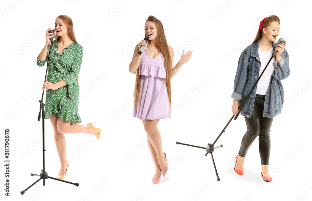 Obraz premium Beautiful female singer with microphone on white background