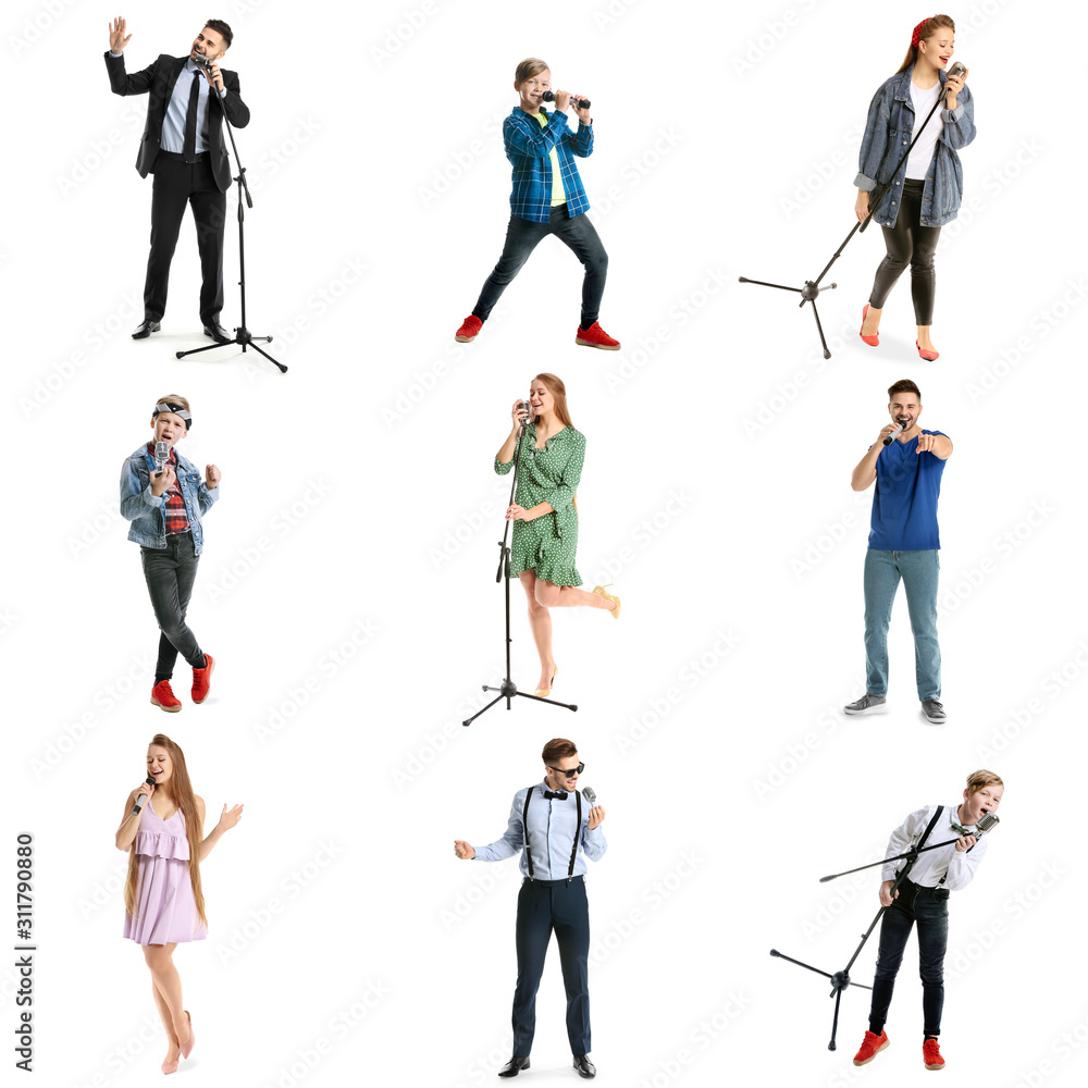 Collage of different singers with microphones on white background Collage of different singers with microphones on white background