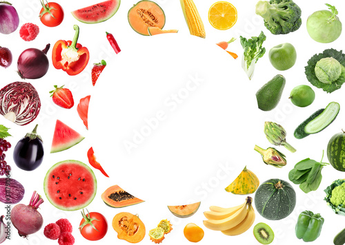 Assortment of fresh vegetables and fruits with space for text on white background