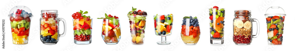Set of tasty fruit salads on white background Set of tasty fruit salads on white background