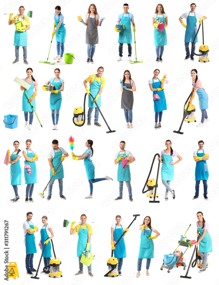Collage of janitors with cleaning supplies on white background