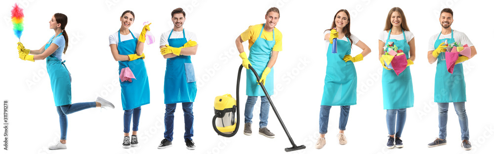 Female janitor on white background