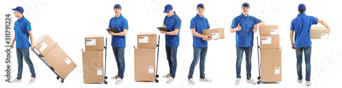 Delivery man with boxes on white background