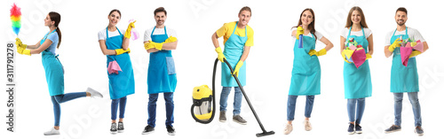 Female janitor on white background photo