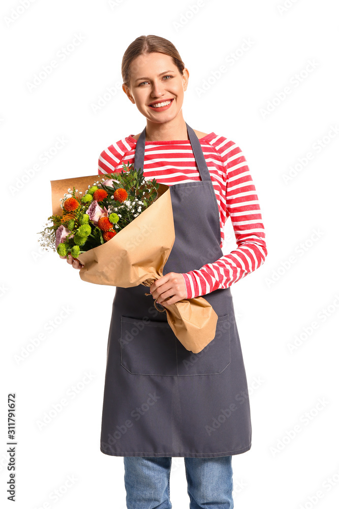Portrait of female florist with bouquet on white background Portrait of female florist with bouquet on white background