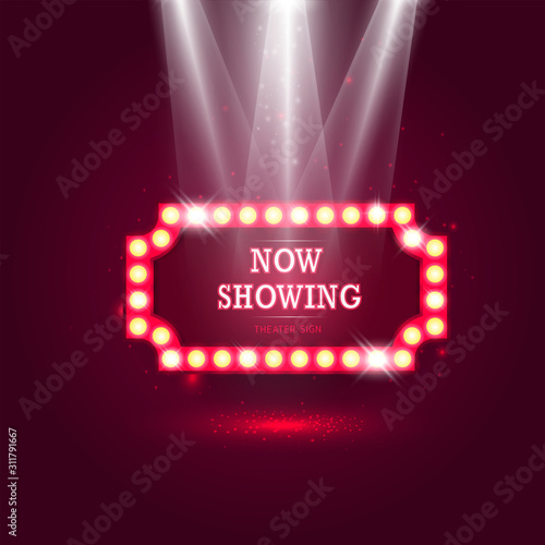 Shining retro billboard with spotlights and glowing light effect. Vintage theater sign on dark red background. vector illustration.