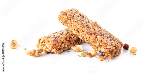 Tasty granola bars on white background