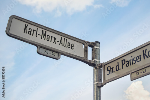 Photography Street sign of Karl-Marx-Allee in Berlin, Germany