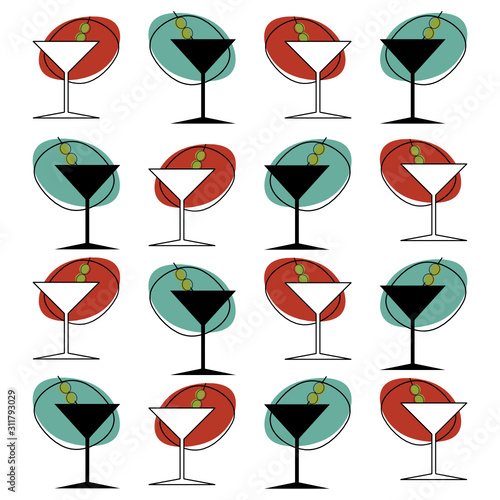 1950s style martini glass repeating pattern illustration