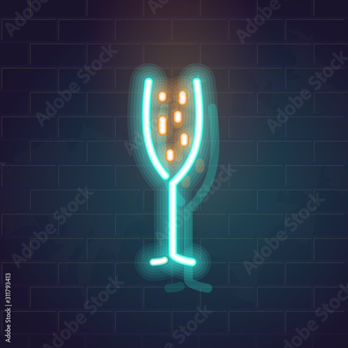 Neon champagne glass icon. Classic celebration beverage for poster, menu, advertisement. Glowing sparkling wine line art illustation on illustration on brick wall background.