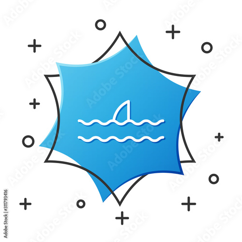 White line Shark fin in ocean wave icon isolated on white background. Blue hexagon button. Vector Illustration