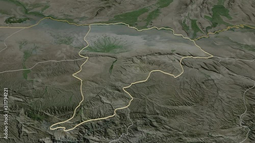 Balkh, province with its capital, zoomed and extruded on the satellite map of Afghanistan in the conformal Stereographic projection. Animation 3D photo