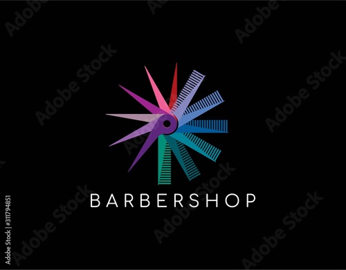 Luxury and Lovely Logo of Barber Shop with Modern Concept. Design With a Lot Image of Scissors and Comb in Spin. Isolated on Black Background. Vector Illustration