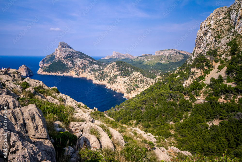 Fototapeta premium Summer Balearic landscape with beautiful rocks and sea. Mallorca - Cap de Formentor.