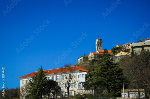 Kastav, Croatia / 26th March 2019: Low angle wide panorama of town Kastav in Croatia