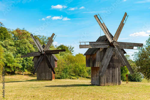 Wooden Ukrainian mill in the Chernivtsi Regional Museum of Folk Architecture and Life, Chernivtsi, Ukraine