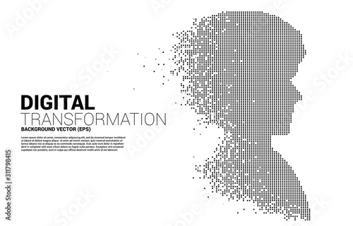 Vector silhouette of man head from pixel transformation . Concept background human future and technology