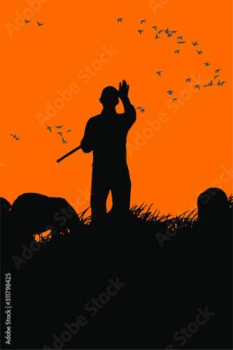 Sheepman vector image. Sunset nature background.