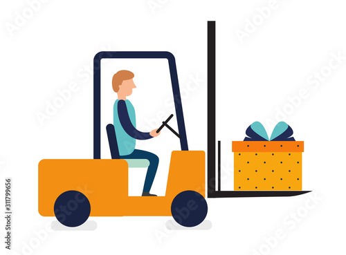 Young man driving forklift truck loading colorful gift present box, delivery and shipping concept. Simple flat vector illustration eps 10