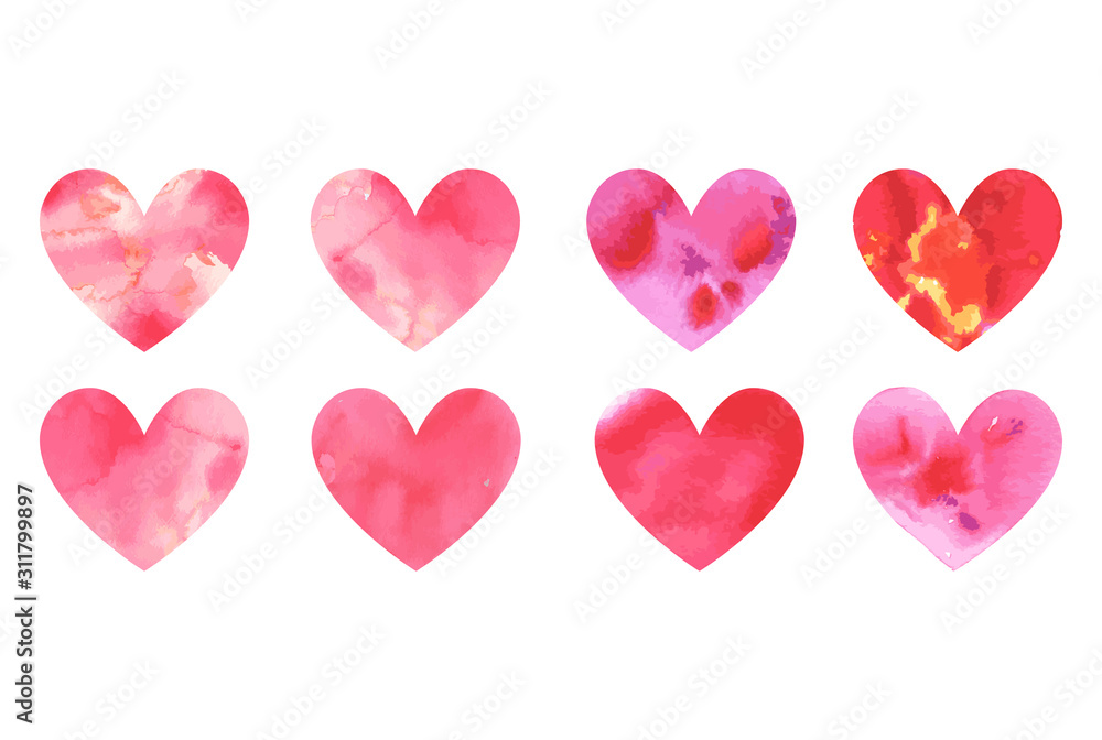 Set of  watercolor hearts. Hand-drawn various red pink orange hearts isolated on white background. Wedding or Valentine s Day template. Love concept