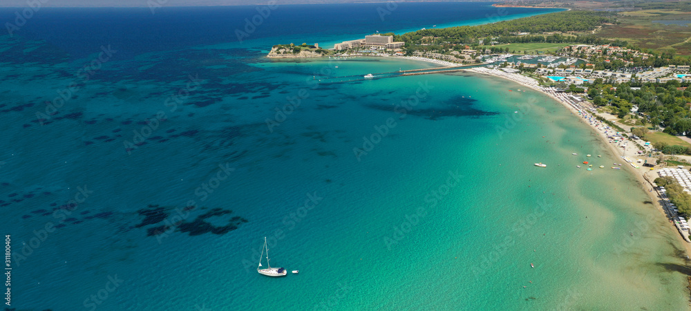 Aerial drone ultra wide photo of exotic sandbar peninsula forming turquoise clear sea beaches in tropical island destination
