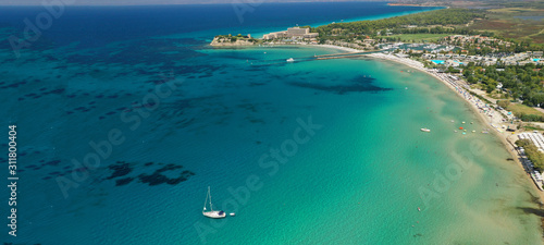 Aerial drone ultra wide photo of exotic sandbar peninsula forming turquoise clear sea beaches in tropical island destination