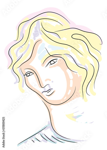 abstract illustration of blond woman thinking something. colorful illustration of pensive woman.