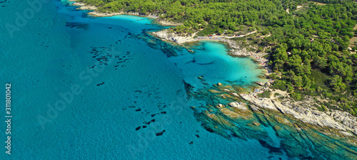 Fototapeta Naklejka Na Ścianę i Meble -  Aerial drone ultra wide photo of beautiful exotic paradise rocky turquoise beach in Caribbean island destination