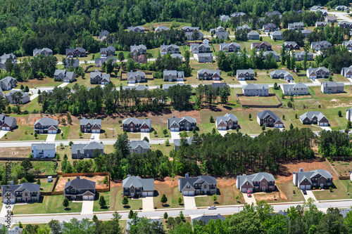 Aerial view of modern suburban cul-de-sac neighborhood streets in the southeastern United States.  