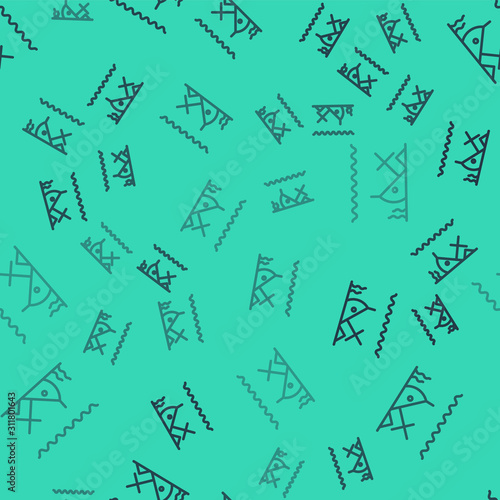 Black line Sunken ship at the bottom of the sea icon isolated seamless pattern on green background. Vector Illustration