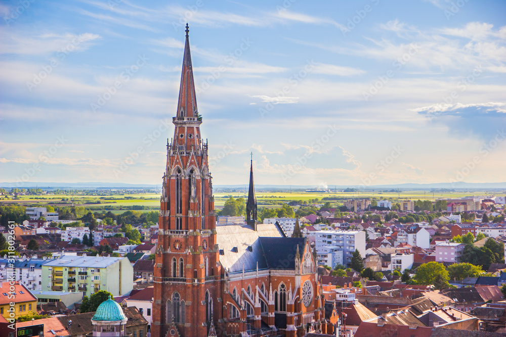 Osijek / Croatia: 10th May 2019: Areal view on famous cathedral in Osijek