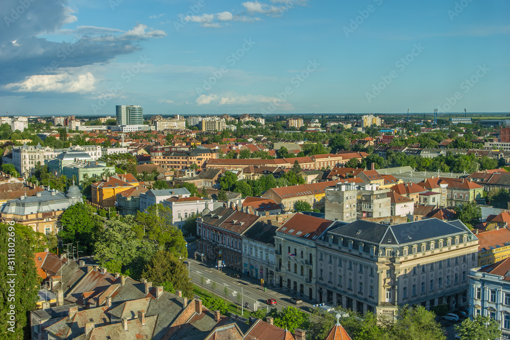 Naklejka Osijek, Croatia: May 10th 2019 Aerial view on city green parks and buildings