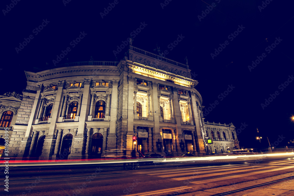 Vienna, Wien, Austria / 24th January 2019: Hofburg Theater by night, with cars light trails