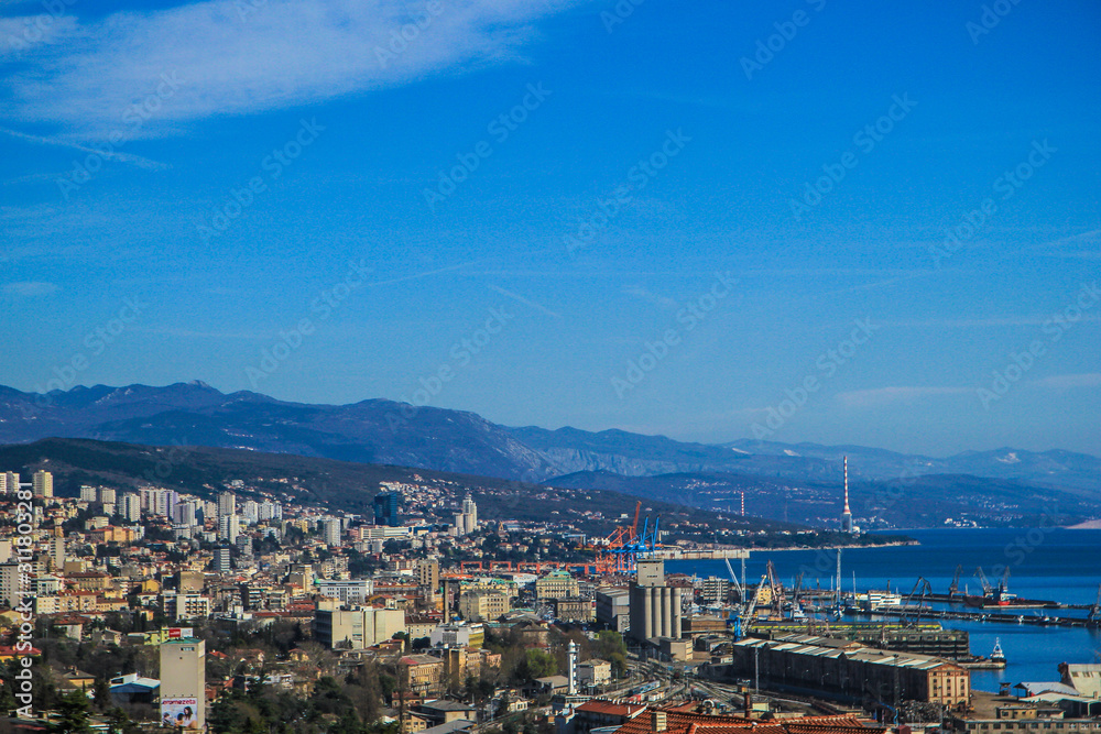 Rijeka, Croatia / 22nd March 2019: Cityscape, aerial view on Rijeka Harbour and buildings