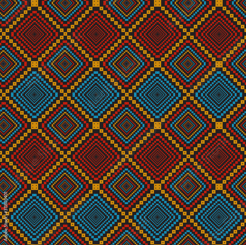 Fusion of Indian jaipuri/gujarati style elements with African colors and native American Rhombus. Vintage style, geometric Square pattern for backdrop/textile/fabric print for dress. Rug. Pillow case.