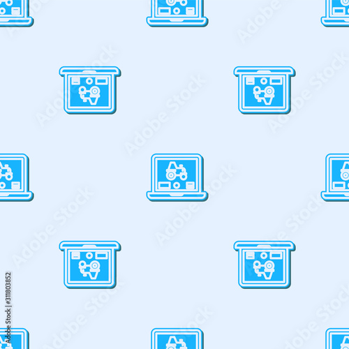 Blue line Laptop application for control a autonomous tractor on a smart farm icon isolated seamless pattern on grey background. Smart agriculture implement. Vector Illustration