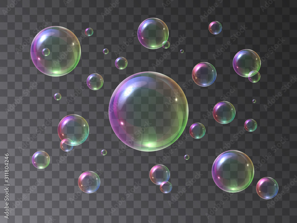 Soap bubbles foamy realistic with rainbow colors
