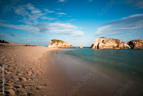Fototapeta Naklejka Na Ścianę i Meble -  beautiful view on rocky Turkey coast, stunning, nature outdoor scenery, colorful sand beach and seascape.